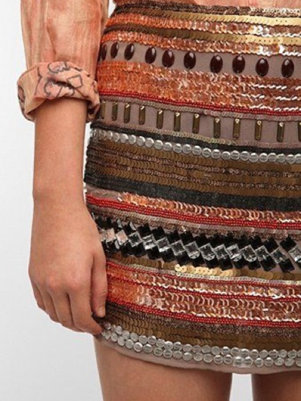 hazel Multicolor Embellished Mini Skirt — Orange, Brown, Gold, Black